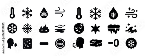 Cold weather icons: thermometer, snowflake, wind, ice, drop, fre