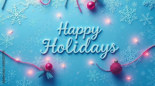 Happy Holidays greeting with festive decorations and snowflakes