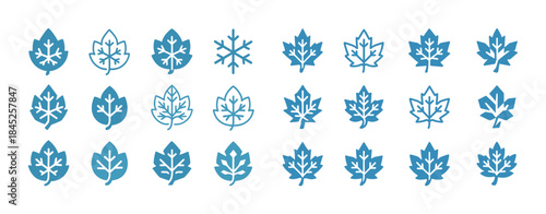 Blue snowflake leaf icons in various styles on white background