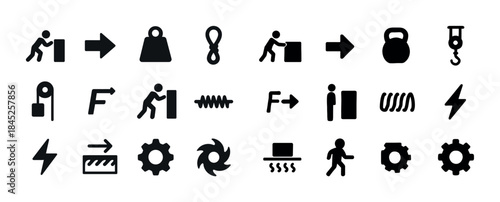 Collection of black silhouette icons for movement, tools, and ac