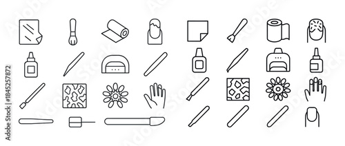 Nail salon tools and manicure icons in black and white outline d