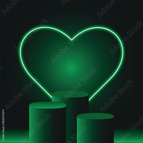 Green neon heart above red podium with three red top hats on red background in studio setting.