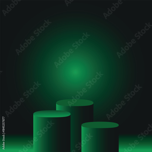 Green podium with three red top hats on red background in studio setting.