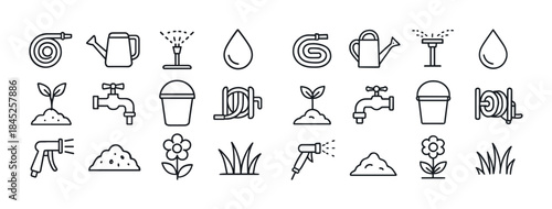 Garden tools and plant care icons set: hose, watering can, sprin