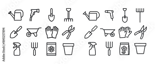 Gardening tools icons set: shovel, rake, wheelbarrow, pruning sh