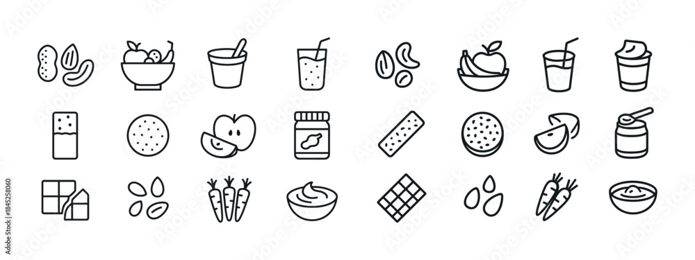 Fototapeta premium Healthy snack icons set: nuts, fruits, drinks, and more