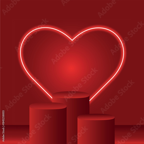 Red neon heart above red podium with three red top hats on red background in studio setting.