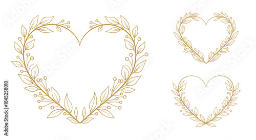 Collection of three lovely heart-shaped wreaths made of golden botanical leaves and branches for a romantic wedding invitation.