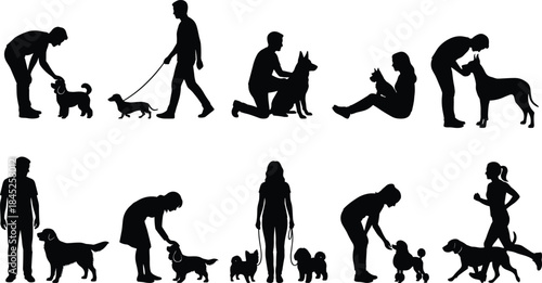 Person and dog interaction silhouette set, black vector style, pet care, companionship, outdoor, activity, love, training, sketch
