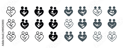 Set of abstract heart icons symbolizing family and love in monoc