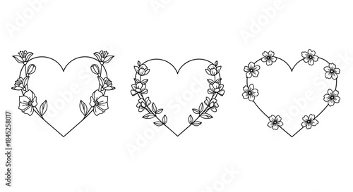 Set of three hand-drawn heart-shaped frames decorated with delicate floral wreaths in a simple black and white line art style.