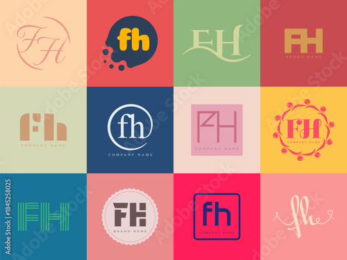 FH logo company template. Letter f and h logotype. Set different classic serif lettering and modern bold text with design elements. Initial font typography.