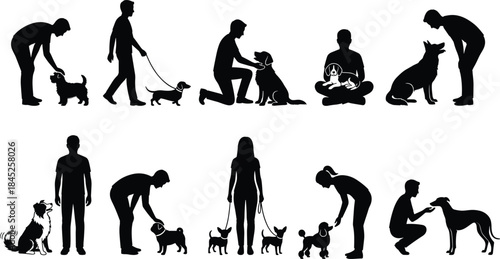 Person and dog silhouette icon set, black vector style, pet care, training, walking, love, outdoor, companionship, sketch