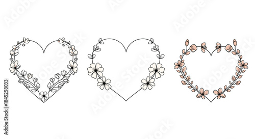 Collection of three hand-drawn heart-shaped frames decorated with delicate flowers and leaves in a watercolor sketch style.