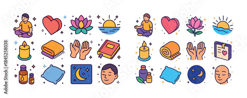 Meditation and relaxation icons with people and nature elements