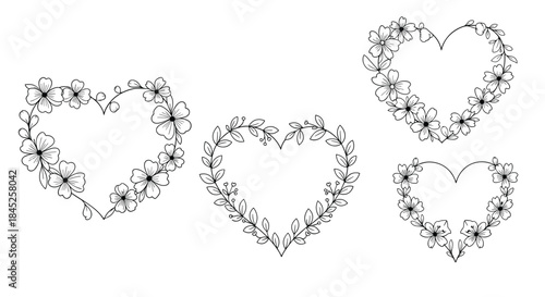 Collection of hand-drawn heart-shaped floral wreaths with delicate flowers and leaves perfect for wedding or valentine's day cards.
