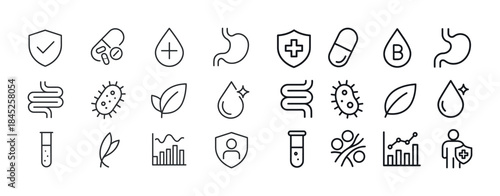 Health and wellness icons: medicine, nature, statistics, gut hea