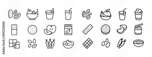 Healthy snack icons set: nuts, fruits, drinks, and more
