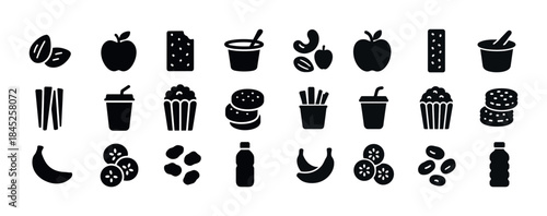Collection of various food icons including fruits, snacks, and d