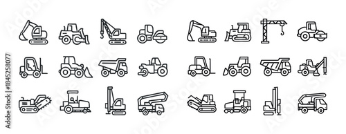 Line icon set: construction vehicles and heavy machinery collect