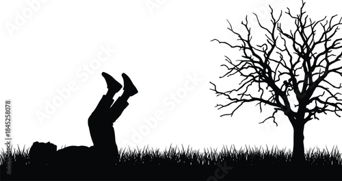 Person lying near leafless tree silhouette icon, black vector style, nature, solitude, grass, posture, sketch, outdoor scene