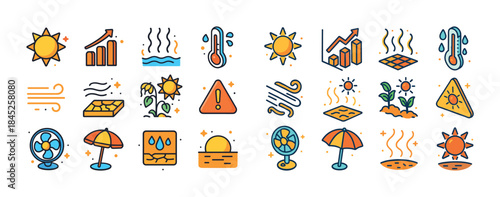 Colorful weather icons illustrating heat and sun elements