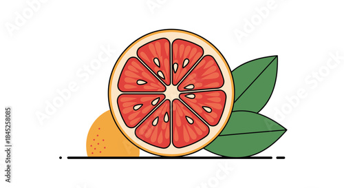 A modern flat design illustration of a sliced grapefruit with green leaves and abstract elements on a clean white background.