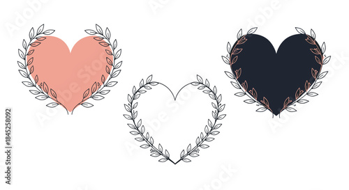 A set of three heart-shaped frames decorated with hand-drawn leafy branches in pink black and white for romantic invitations.