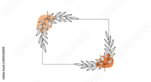 A modern rectangular frame decorated with hand-drawn leafy branches and abstract orange shapes perfect for stylish invitations.
