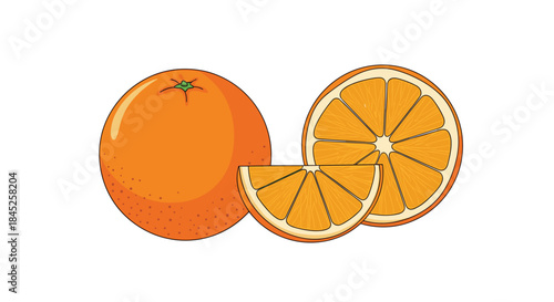 A set of fresh juicy oranges including a whole fruit a half and a slice isolated on a clean white background.