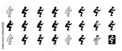 Diverse squat exercise icons in black and white style