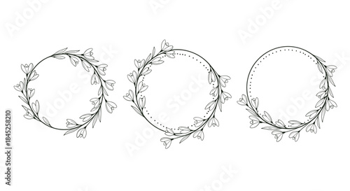 A set of three elegant hand-drawn circular floral wreaths with delicate flowers and leaves perfect for wedding monograms.