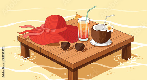 Isometric illustration of summer beach essentials including a red sun hat sunglasses and tropical drinks on a wooden table.