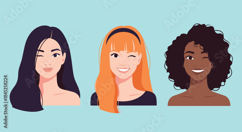 A beautiful set of three diverse young women winking and smiling showcasing different ethnicities hairstyles and happy expressions.