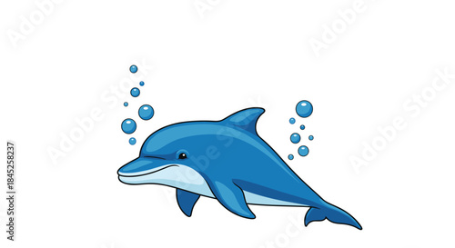 A cheerful blue cartoon dolphin smiling and swimming with bubbles rising around it on a clean white background.