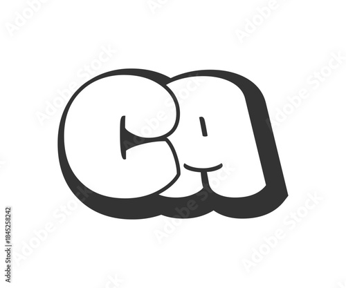 CA logo, bubble comic lettering, rounded in graffiti style black and white silhouette. Trendy preschool C and A letter text for festival party, personal initials, children funky print and web.