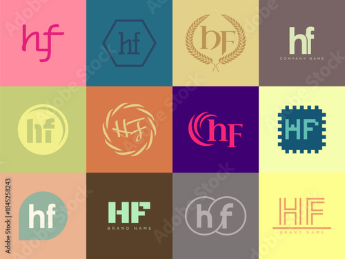 HF logo company template. Letter h and f logotype. Set different classic serif lettering and modern bold text with design elements. Initial font typography.