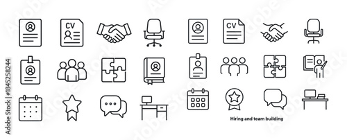 Hiring and collaboration icons - resume, handshake, office, puzz