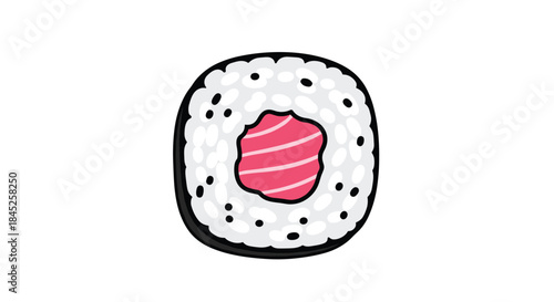 A simple and cute cartoon illustration of a single maki sushi roll with tuna isolated on a plain white background.