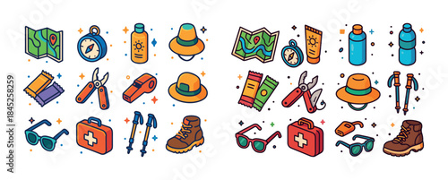 Colorful outdoor adventure gear icons: maps, compass, hats, boot