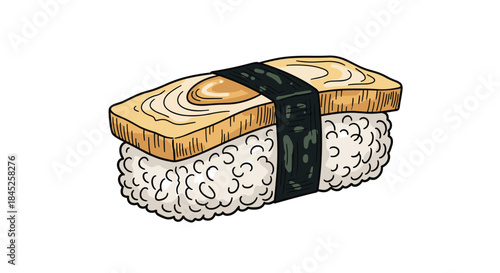 A detailed hand-drawn illustration of a single piece of tamago nigiri sushi with omelette rice and nori seaweed.