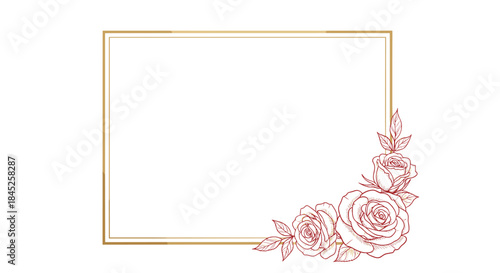 An elegant rectangular golden frame decorated with a corner arrangement of delicate hand-drawn roses in a line art style.