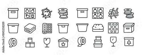 Christmas storage icon set: bins, lights, ornaments, wrapping, a