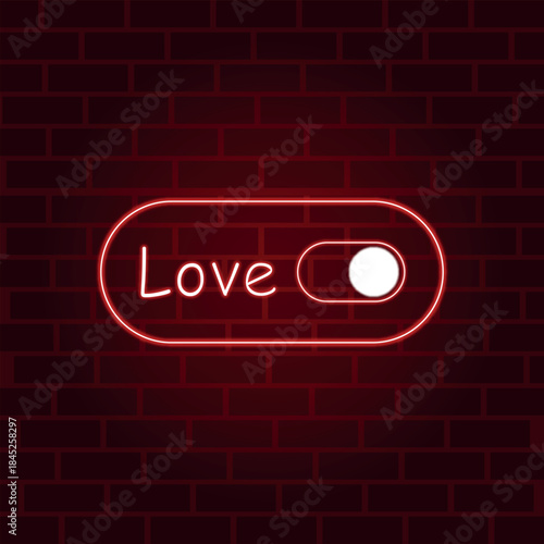 Neon red backlit frame. Love switch button. For a banner, Valentine's Day.