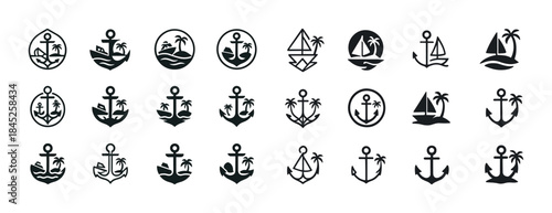 Nautical icons: anchor and sailboat symbols with palm trees