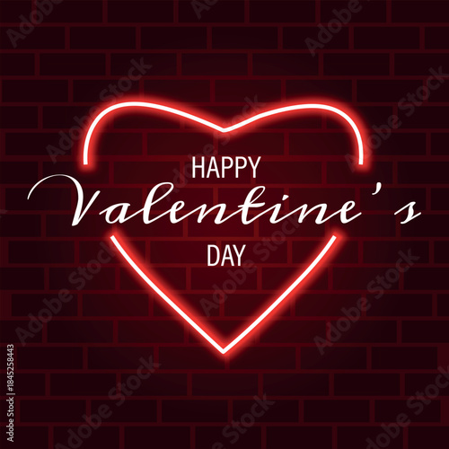 Neon heart on a red brick background with the inscription Valentine's Day