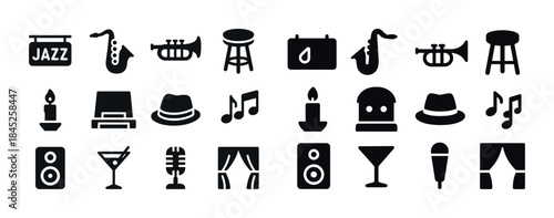 Jazz music icons set featuring instruments, hats, and musical no