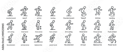 Stick figure sequence illustrating jump movements and poses