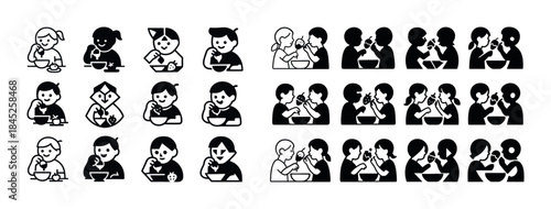 Diverse cartoon kids eating with feeding techniques