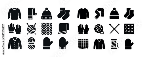 Winter clothing and knitting icons set: sweaters, hats, gloves,